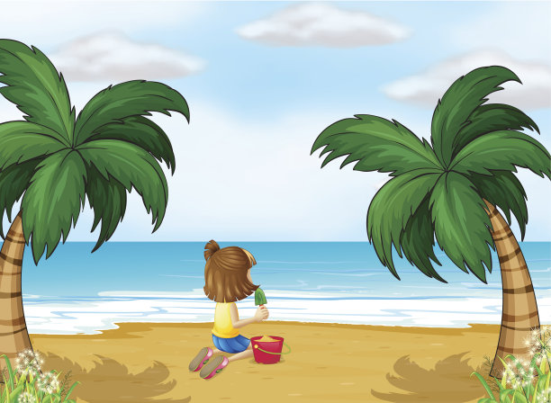 小女孩独自在沙滩上玩图片下载