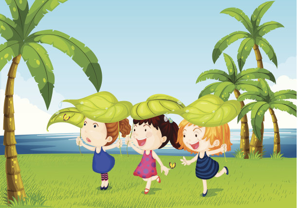 三个孩子在河边玩图片下载