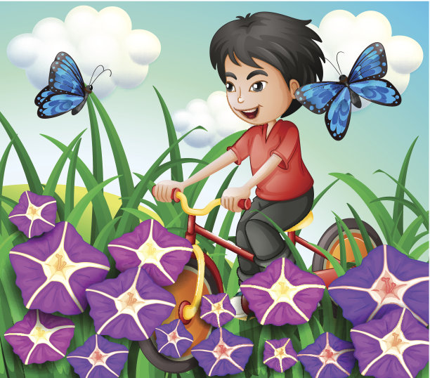 男孩在花园里骑自行车，花园里有花和蝴蝶图片下载