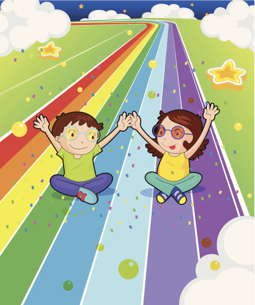 年轻的女孩和男孩在五彩缤纷的路上图片下载