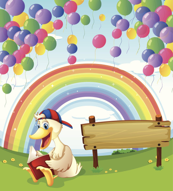 鸭子旁边的木板上漂浮着气球和彩虹图片下载