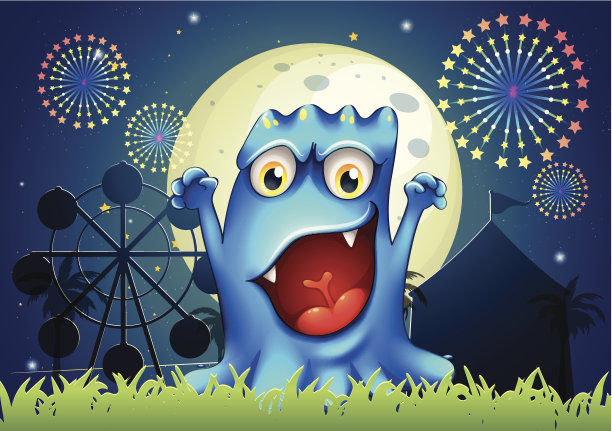 快乐的蓝色怪兽在游乐园前面图片下载