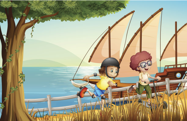 孩子们在河边玩旱冰鞋和滑板车图片下载