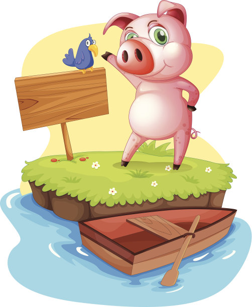 岛上有猪和鸟，旁边是一个空的指示牌图片下载