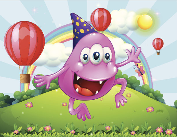 快乐的粉色无檐小怪物在山顶上跳图片下载