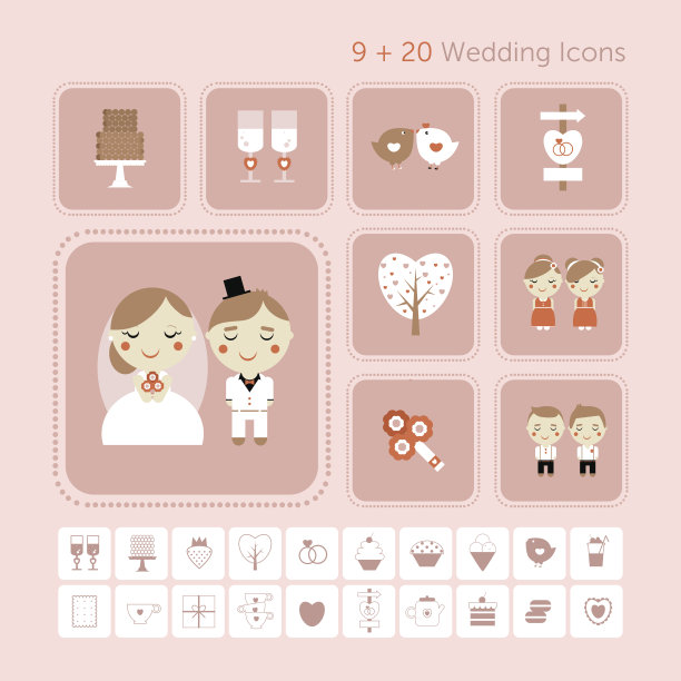 可爱的矢量图标的婚礼，爱和糖果图片下载