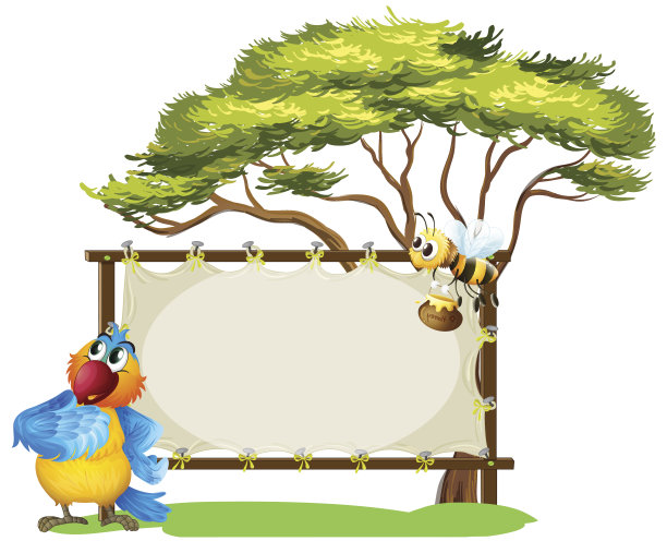 鹦鹉和蜜蜂靠近一个空标牌图片下载