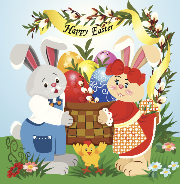 春天的草地上，一个篮子里装着彩蛋的复活节兔子图片下载