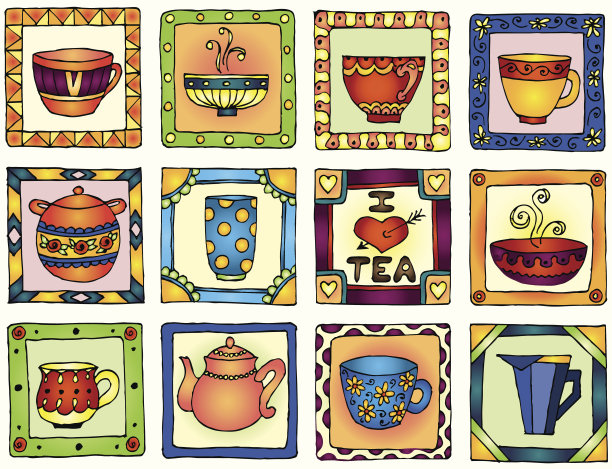 茶杯和茶壶框架手绘设计图片下载