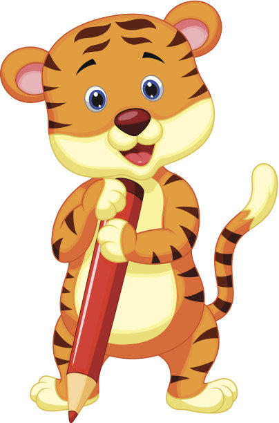可爱的老虎卡通拿着红色的铅笔图片下载