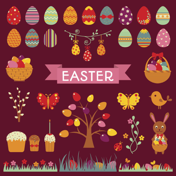 复活节平面元素的集合。图片下载