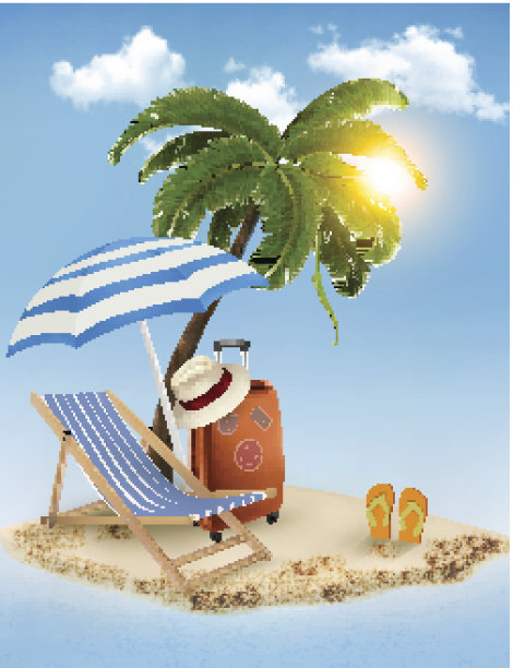 海景与棕榈树，沙滩椅和阳伞。图片下载