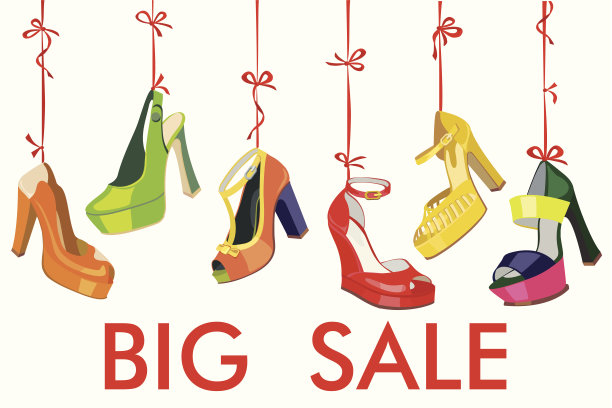 五彩缤纷的时尚女鞋挂在丝带上。大销售图片下载