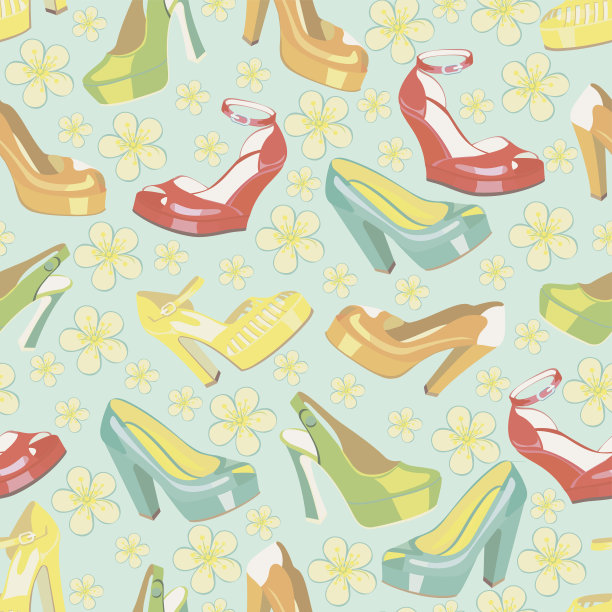 色彩缤纷的时尚女鞋和春天的鲜花。无缝模式图片下载