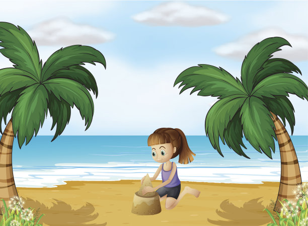 年轻女孩在海滩上搭起沙堡图片下载