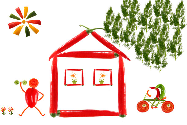 健康饮食。房子是用辣椒和蔬菜做成的。图片下载