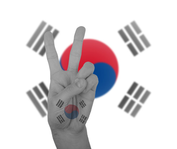手拿韩国国旗做和平手势图片下载