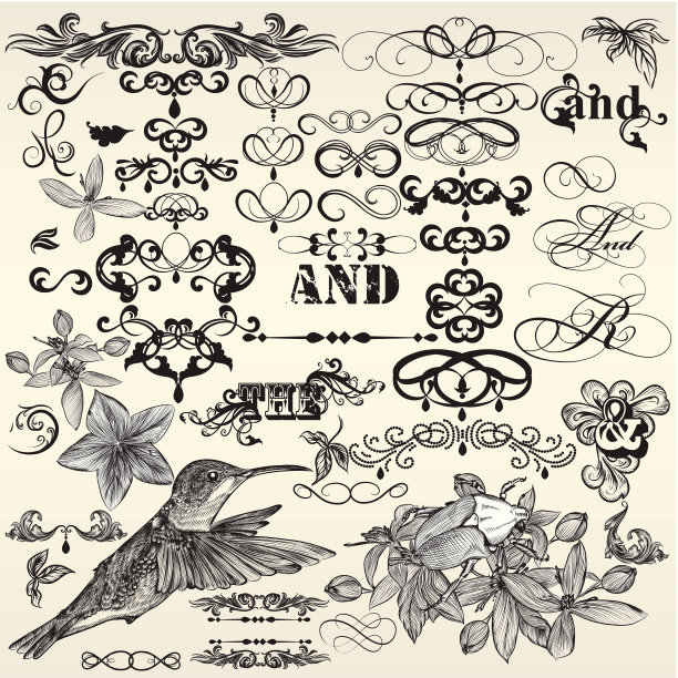 矢量套书法复古设计元素和页面装饰素材图片