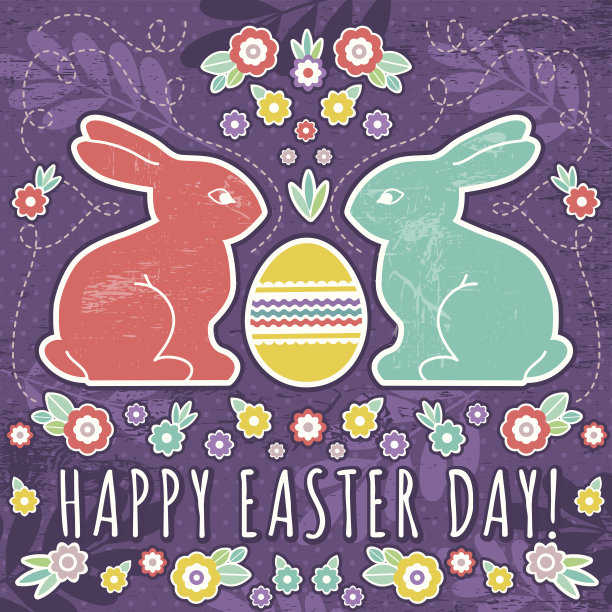 带有复活节彩蛋和两只兔子的贺卡图片下载