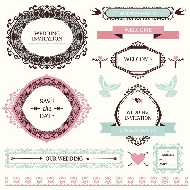 复古向量婚礼设计元素集合。图片下载
