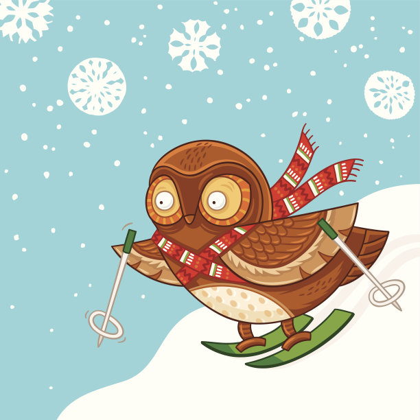 猫头鹰滑雪玩得很开心。孩子气的圣诞快乐卡片图片下载