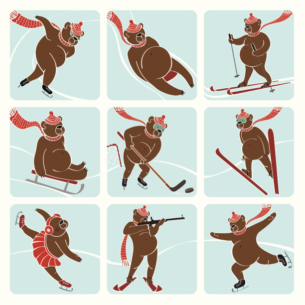 一组白熊玩冬季运动。幽默的例子。素材图片