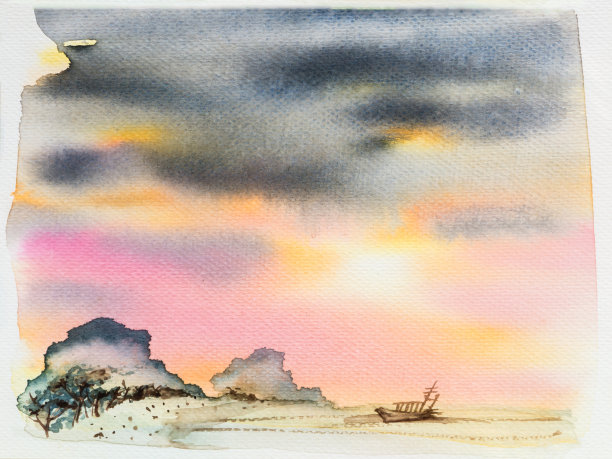 水彩日落风景背景素材图片