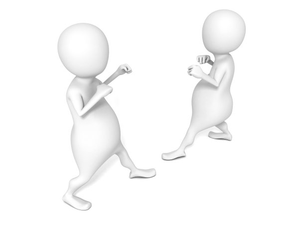 两名3D男子在战斗位置孤立的白色背景图片下载