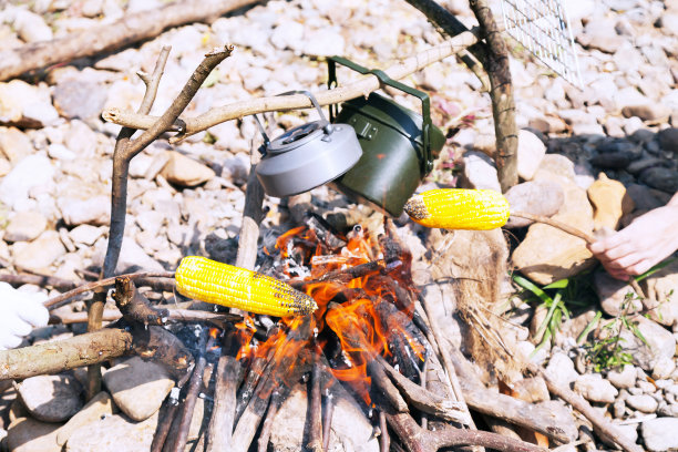 火焰烤锅和玉米篝火图片下载