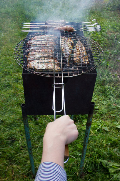 烤肉架上的肉和鱼。图片下载