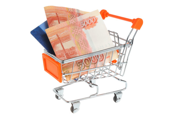 钱、信用卡在购物车里孤立在白色图片下载