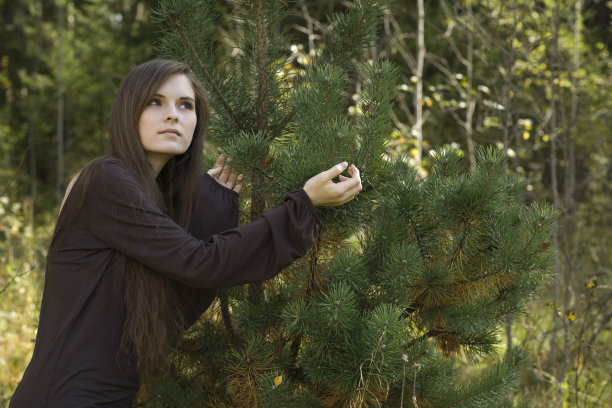 孤独的女孩在秋天的树林里图片下载