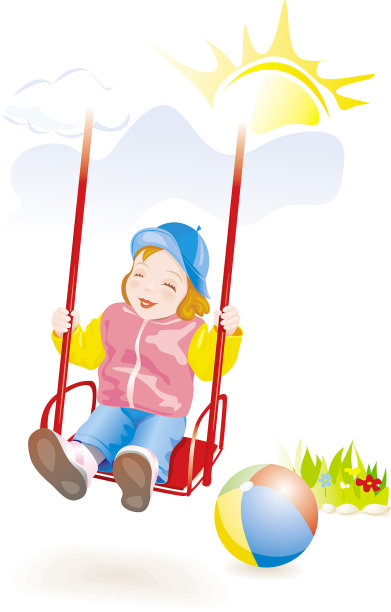 小女孩在荡秋千，微笑着。向量图片下载