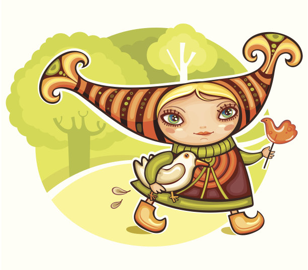 美丽的女孩和小鸟素材图片