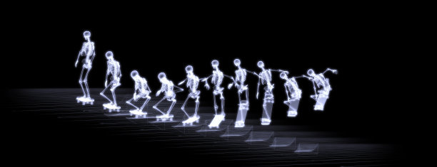 骨骼和滑板一起跳跃的x光序列图片下载