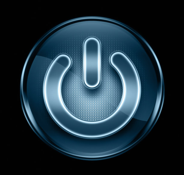 电源按钮图标为深蓝色，孤立为黑色图片下载