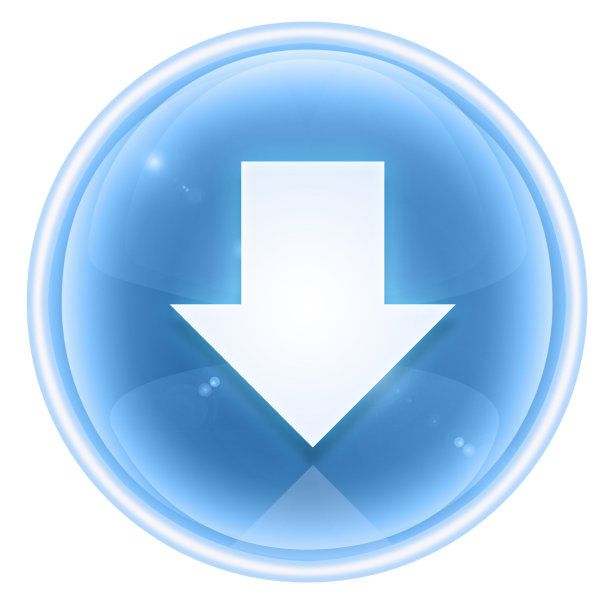 箭头向下图标蓝色，孤立在白色背景。图片下载