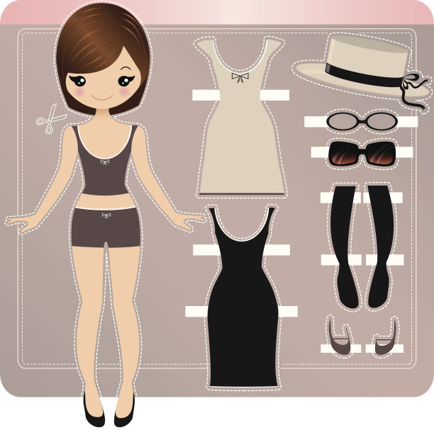 纸娃娃集黑色服装，草帽和眼镜图片下载