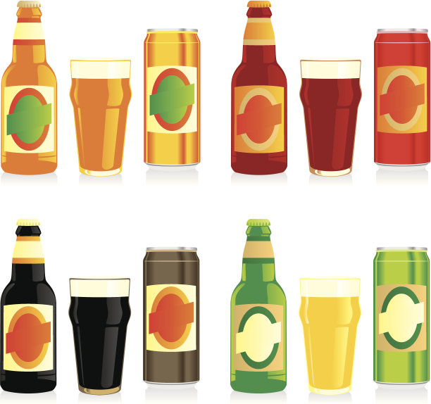 分离不同的啤酒瓶、罐和玻璃杯图片下载