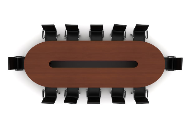 棕色的会议桌，黑色的椅子孤立在白色上图片下载