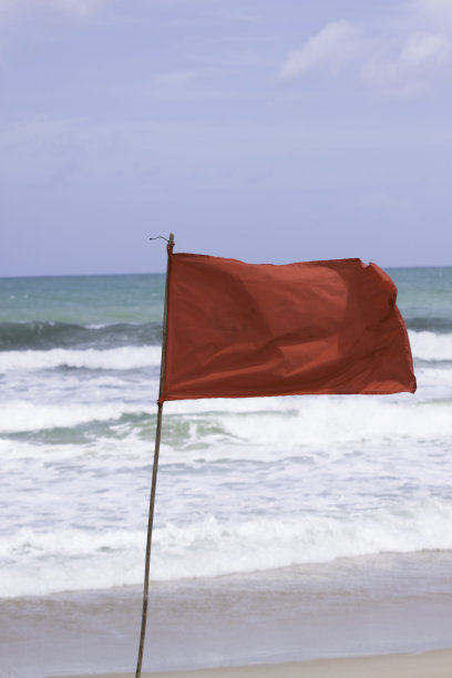 海滩上悬挂红色警告旗图片下载