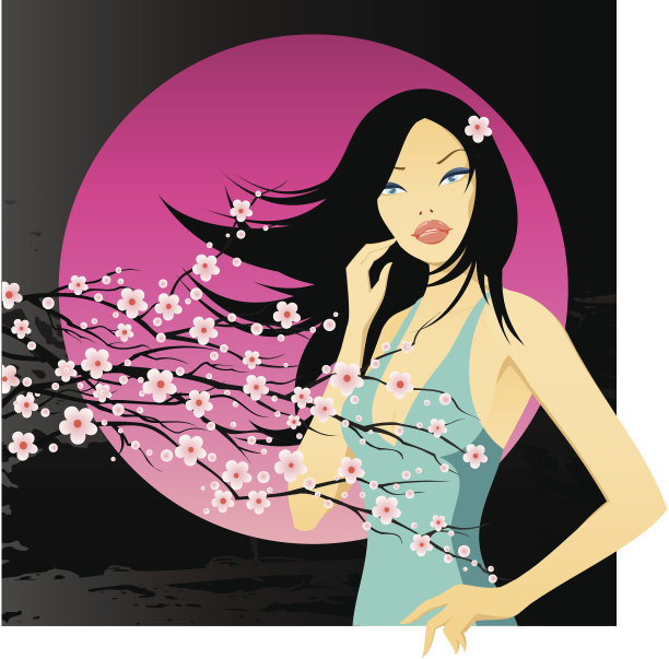 有盛开的樱桃枝的女人图片下载