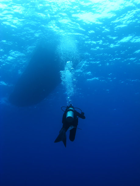 孤身一人潜水者游回小船图片下载