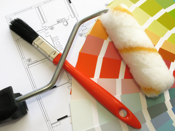 建筑计划与油漆刷，滚筒和样本图片下载