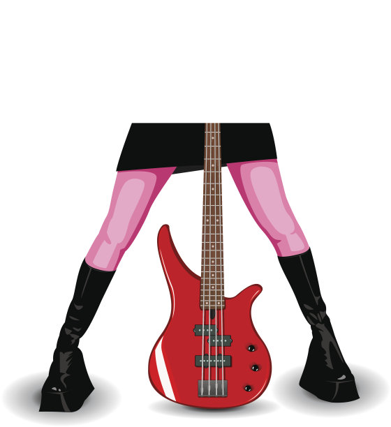 红色低音吉他和女性腿的插图图片下载