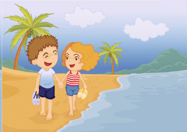 男孩和女孩在海滩上图片下载