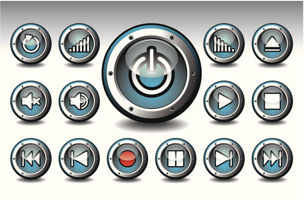 闪亮的按钮设置的音乐主题上的白色背景。图片下载