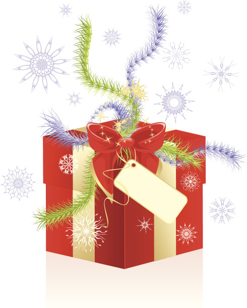 装饰盒雪花，圣诞金箔和红色的蝴蝶结图片下载