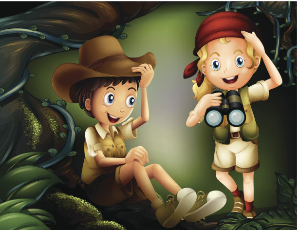 森林里的男孩和女孩素材图片