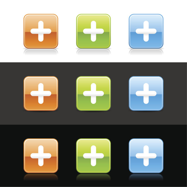 正号方框图标橙绿蓝按钮阴影反射图片下载